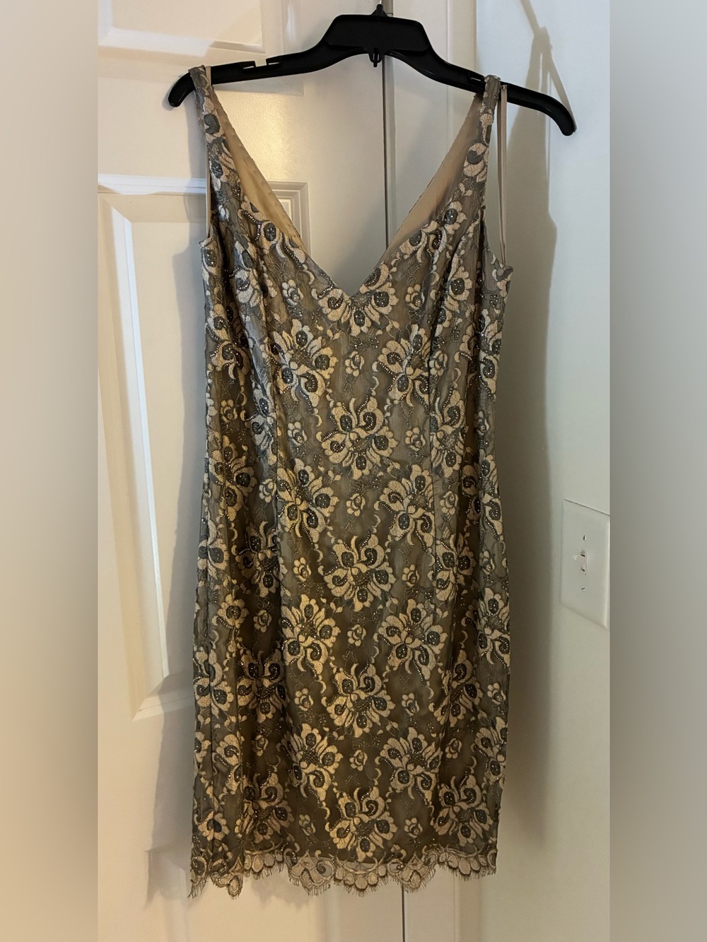 NEW! Gilar Evening Vintage Taupe Lace Slip Dress with Floral Appliqué